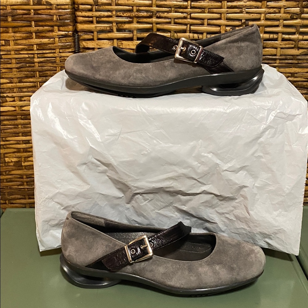 Gray Suede Flats with Brown Strap